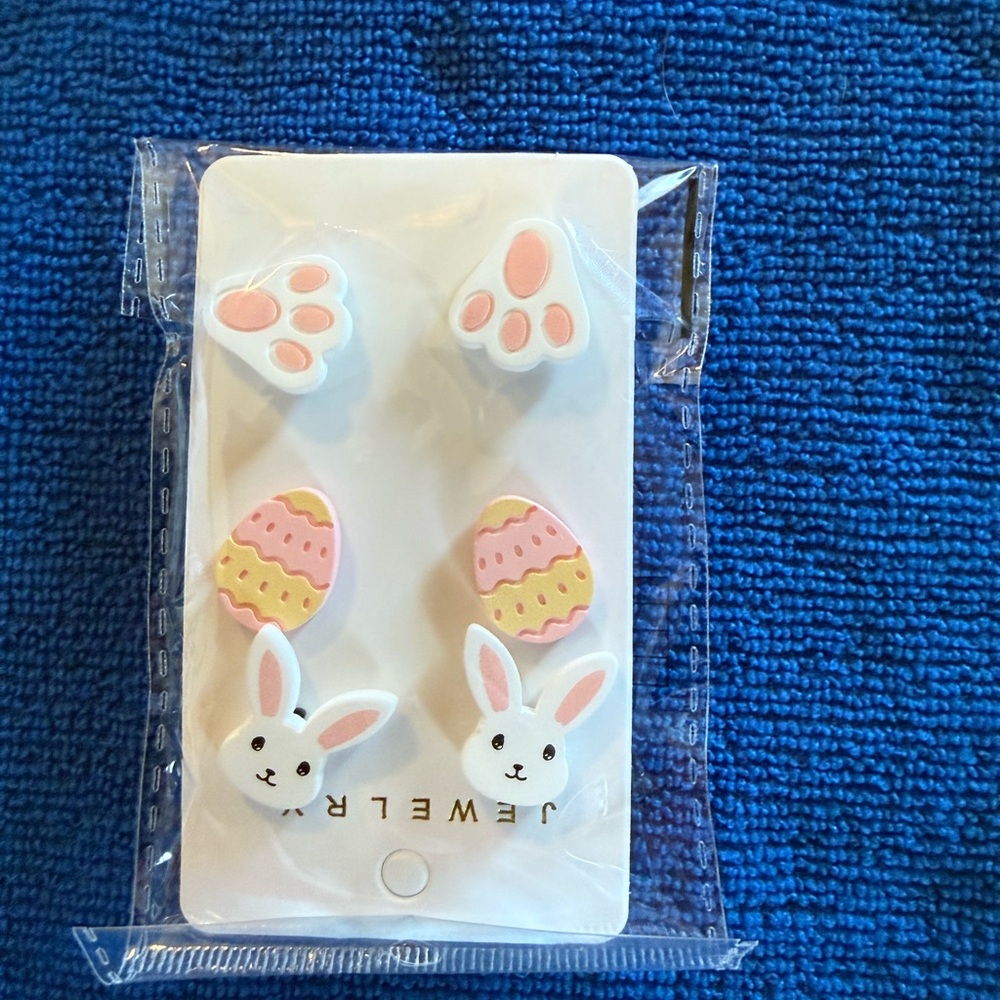 Kids Cute Easter Bunny & Paw Stud Earring Set - White/Pink